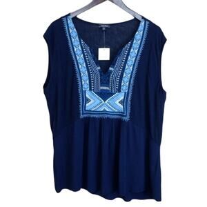 Lucky Brand Split Neck Embroidered Top